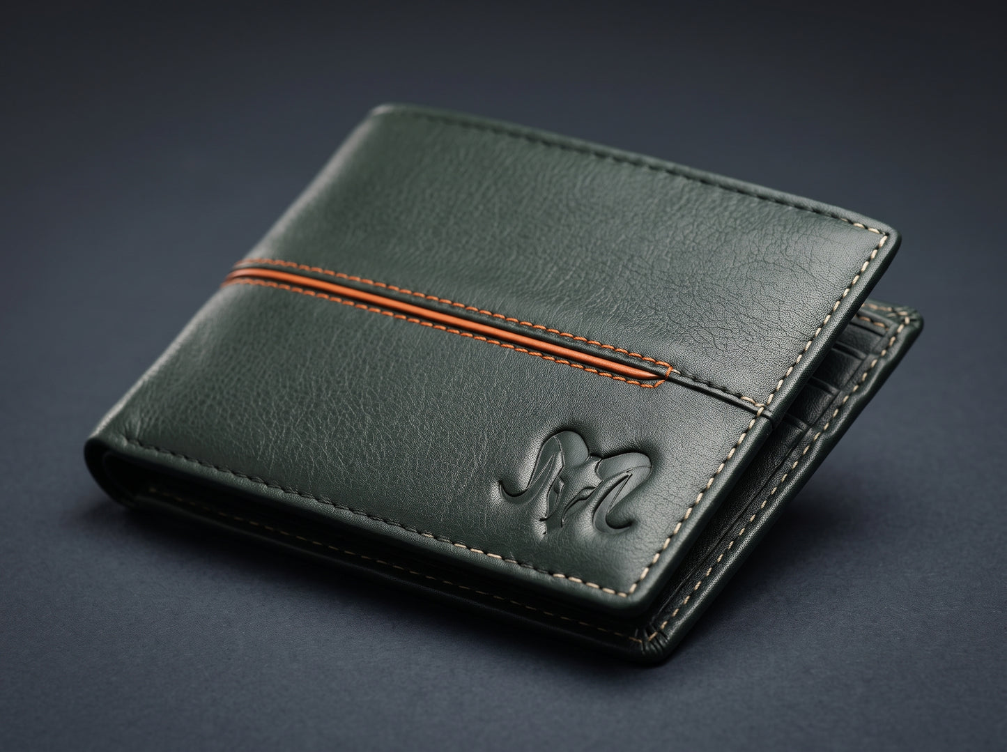 Aries Premium Olive Green Genuine Leather Bi-Fold Wallet with Orange Accent