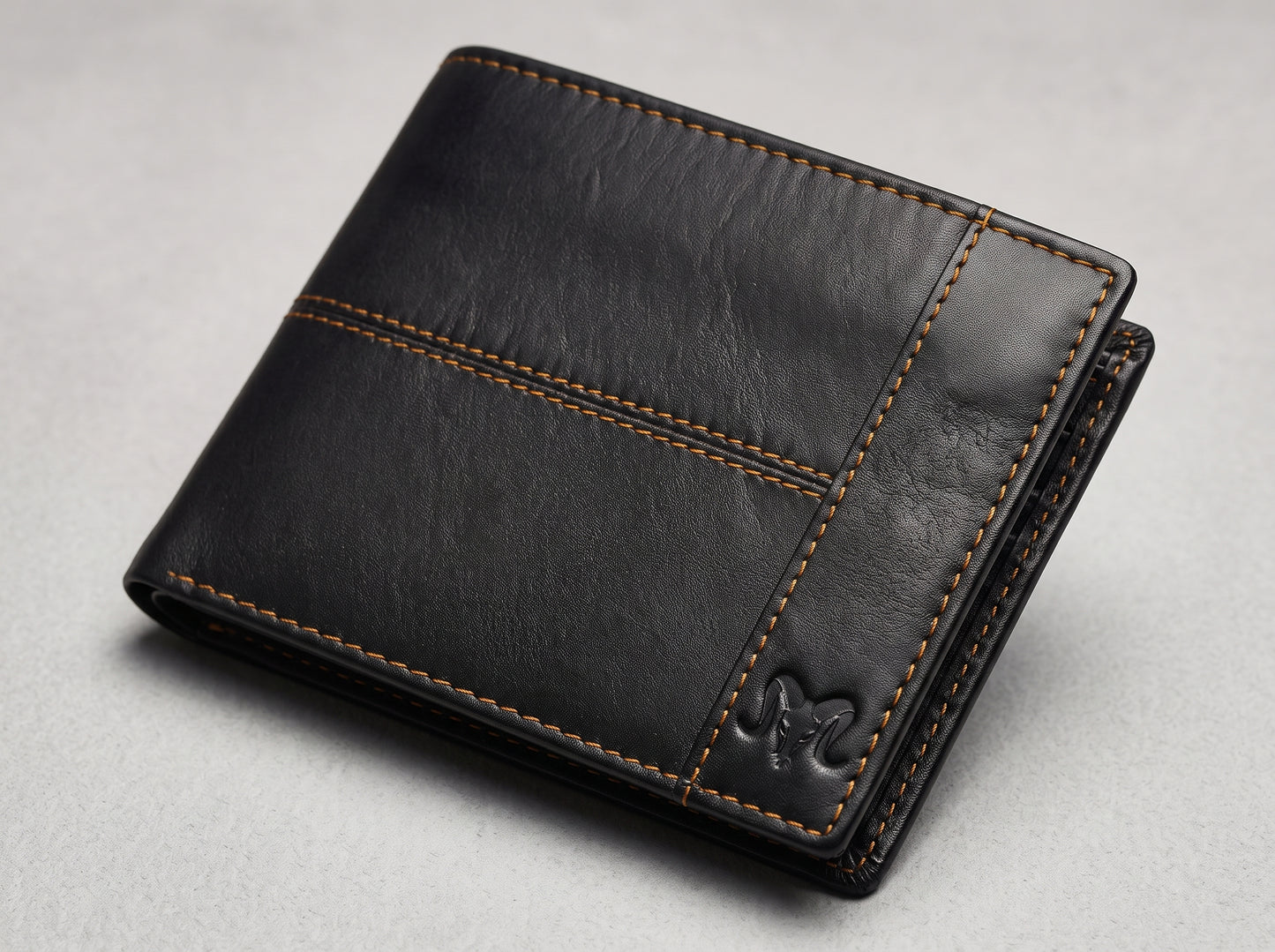 Aries Premium Black Genuine Leather Bi-Fold Wallet with Contrast Stitching
