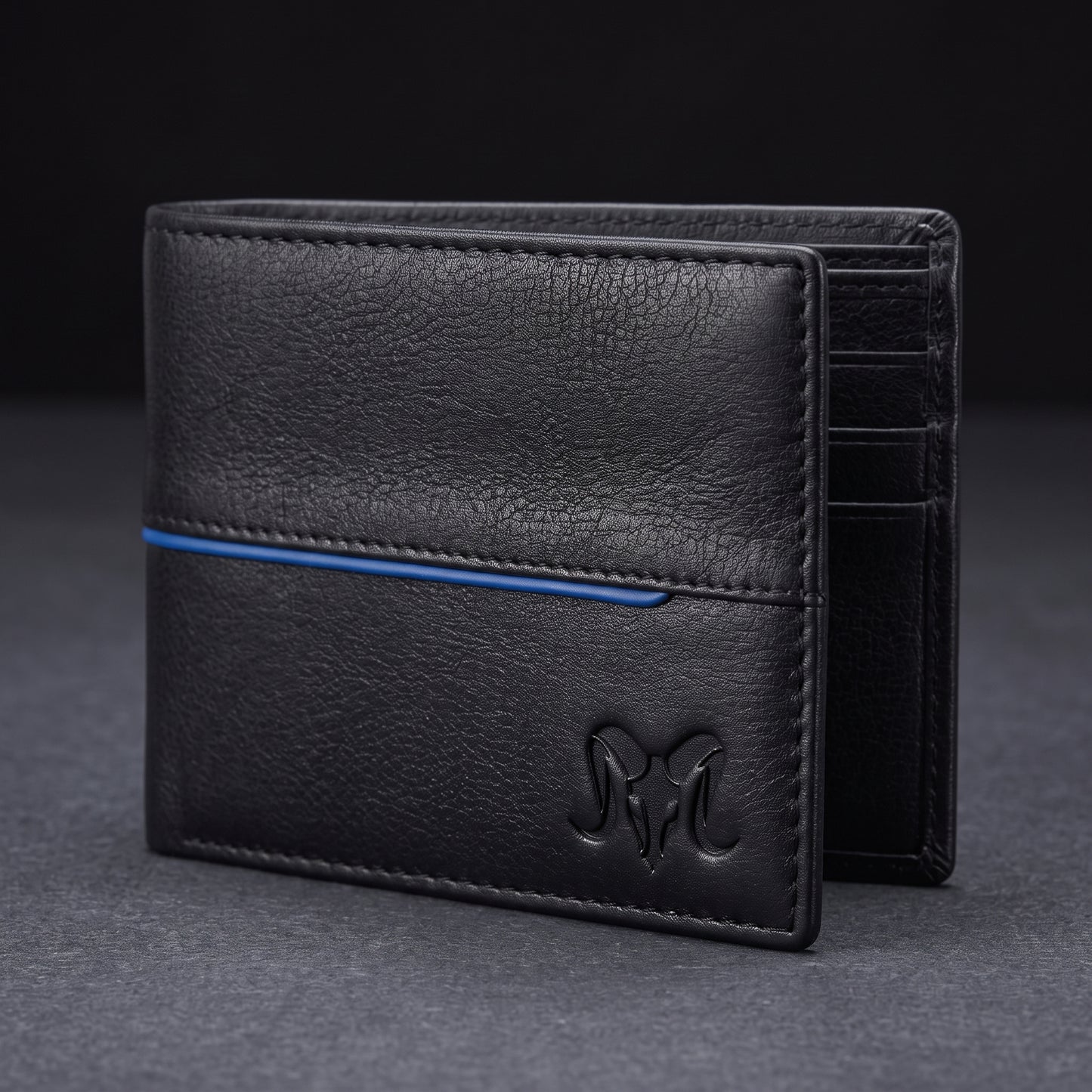 Aries Premium Black Genuine Leather Bi-Fold Wallet with Blue Accent