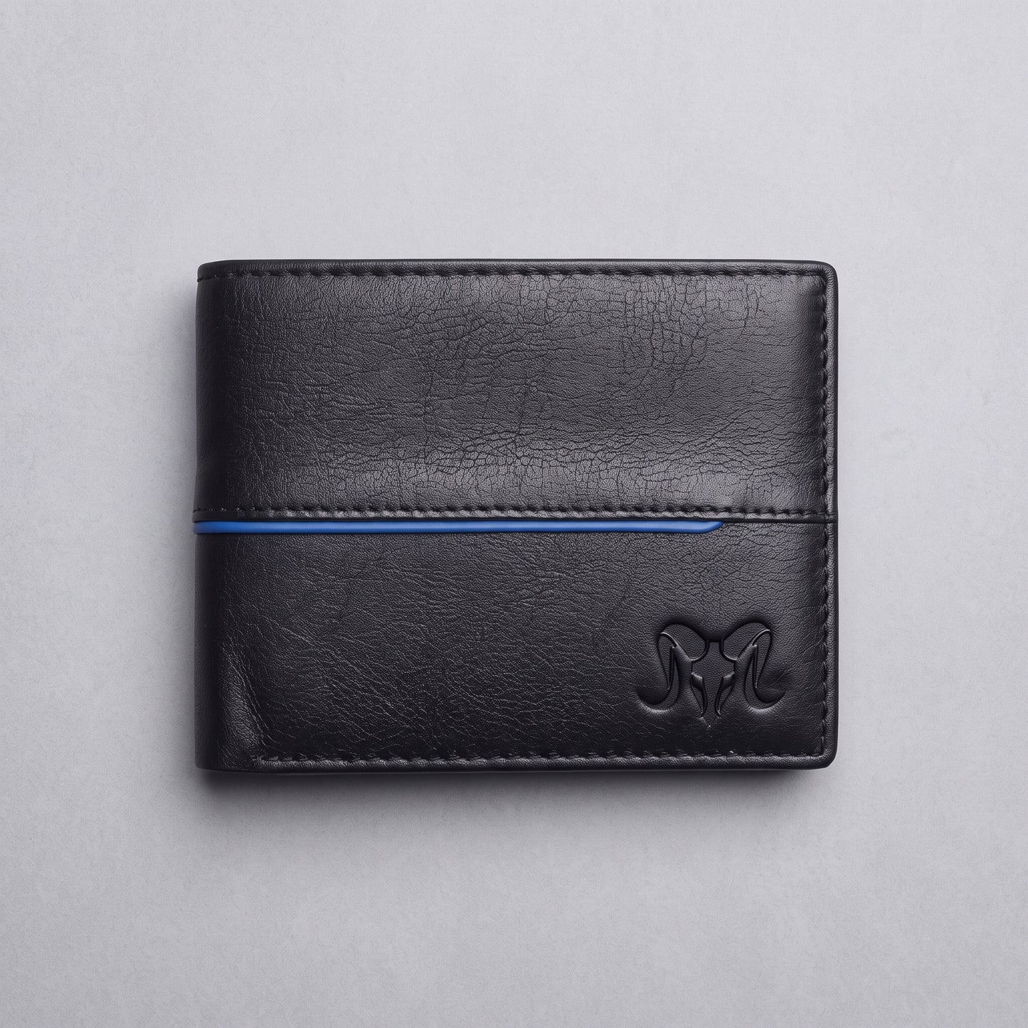 Aries Premium Black Genuine Leather Bi-Fold Wallet with Blue Accent