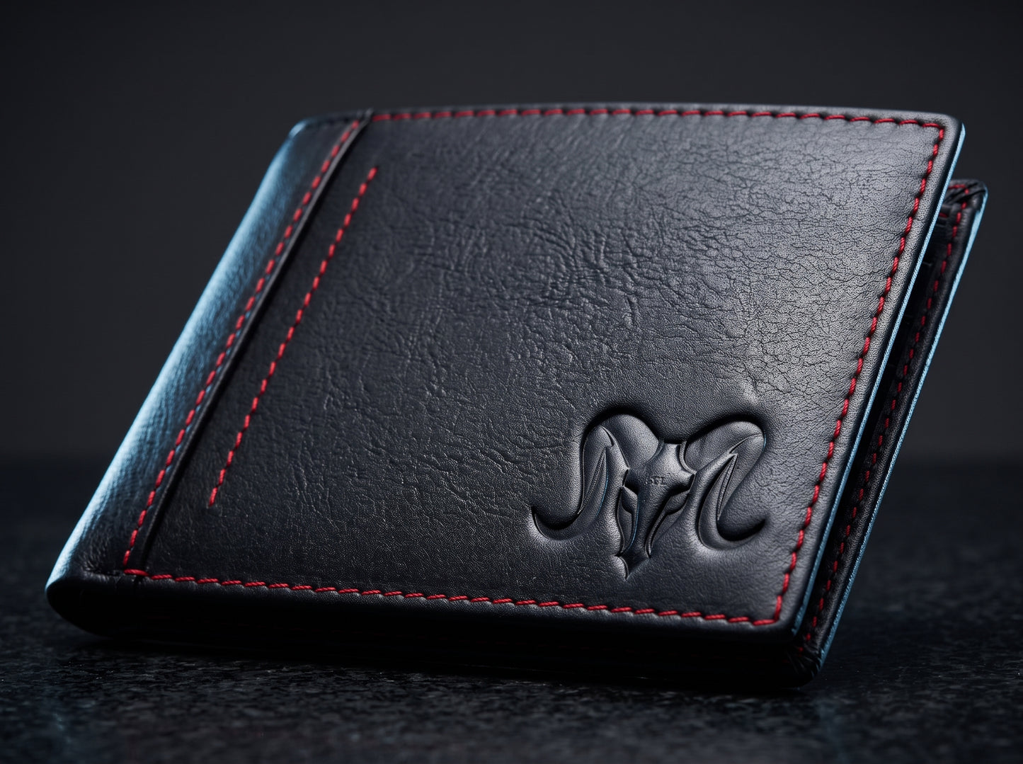 Aries Premium Black Genuine Leather Bi-Fold Wallet with Red Contrast Stitching