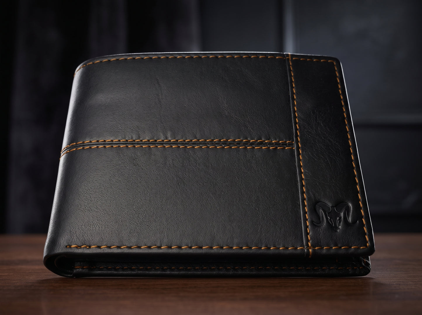 Aries Premium Black Genuine Leather Bi-Fold Wallet with Contrast Stitching