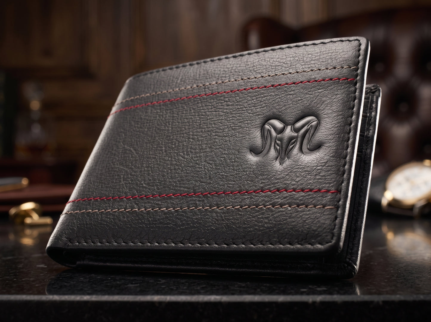 Aries Premium Black Genuine Leather Bi-Fold Wallet with Red Contrast Stitching