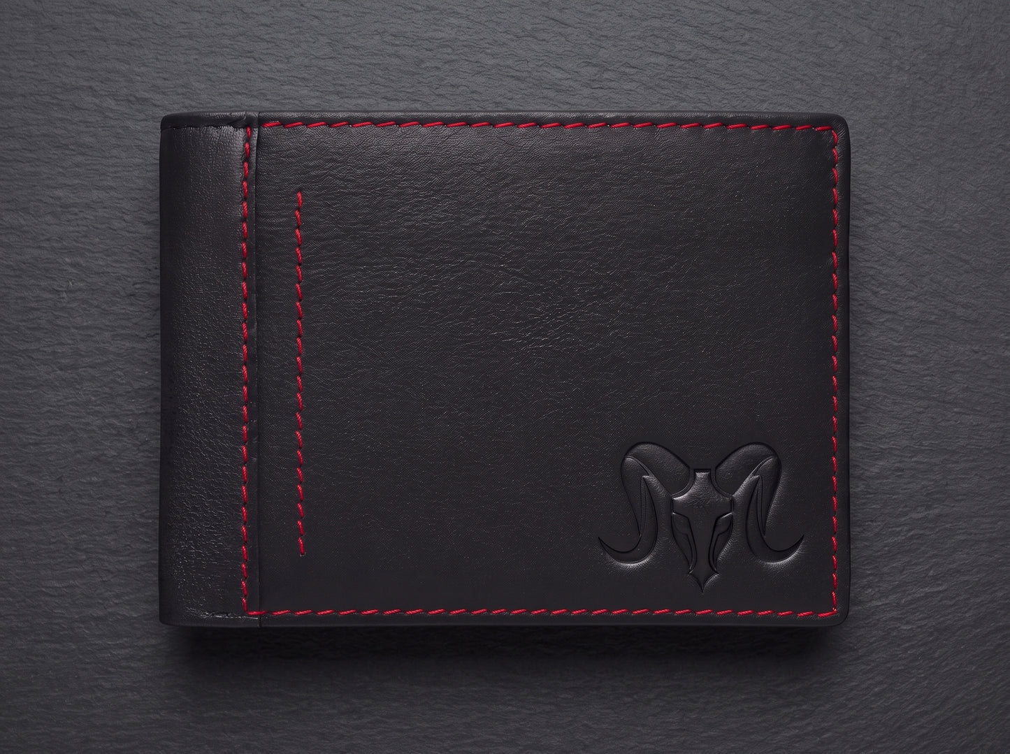 Aries Premium Black Genuine Leather Bi-Fold Wallet with Red Contrast Stitching