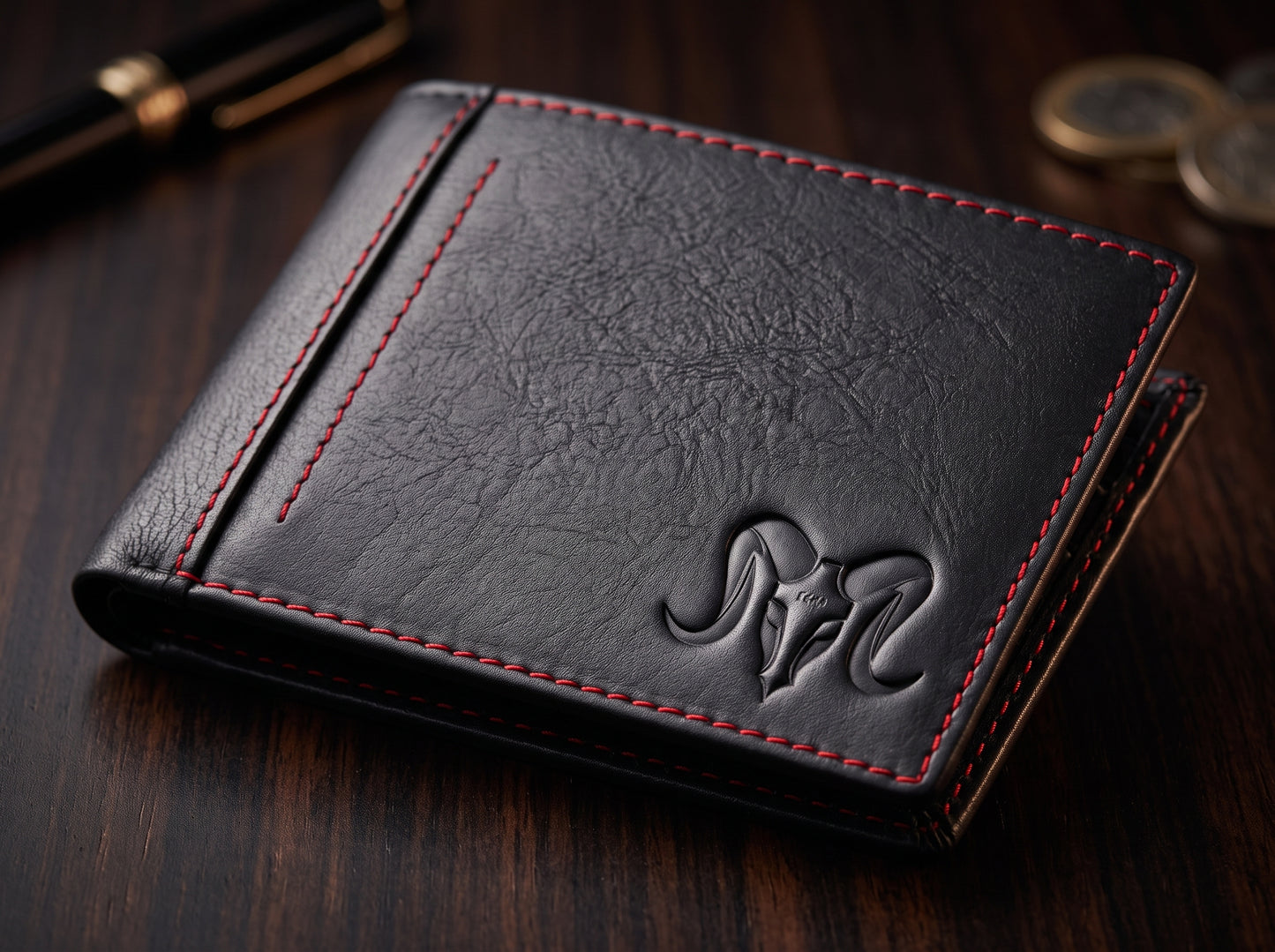 Aries Premium Black Genuine Leather Bi-Fold Wallet with Red Contrast Stitching