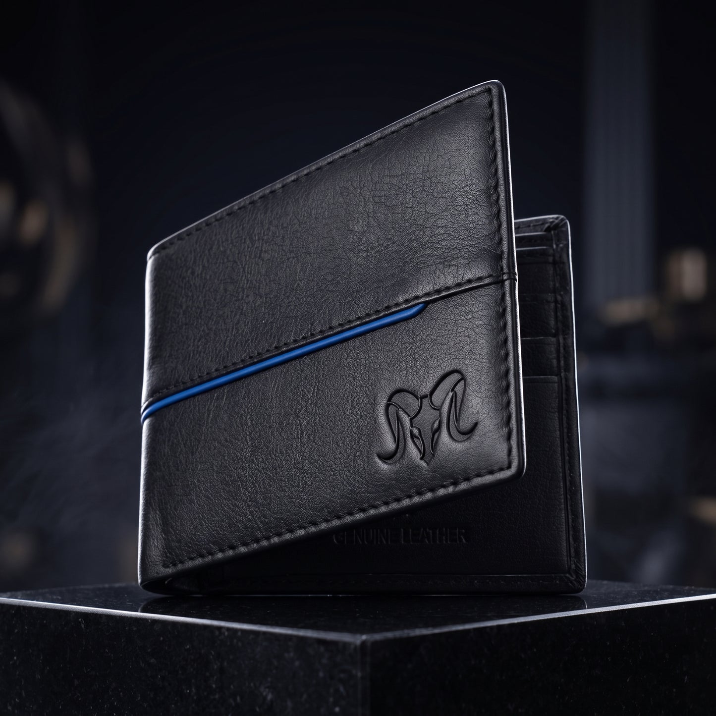 Aries Premium Black Genuine Leather Bi-Fold Wallet with Blue Accent