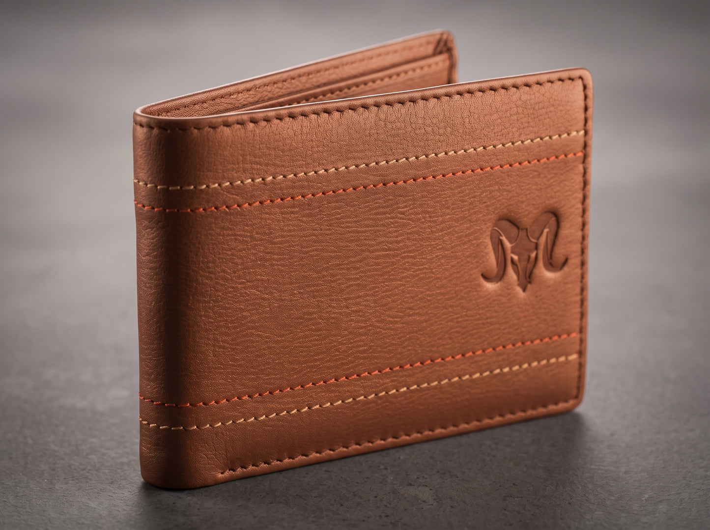 Aries Premium Tan Genuine Leather Bi-Fold Wallet with Contrast Stitching
