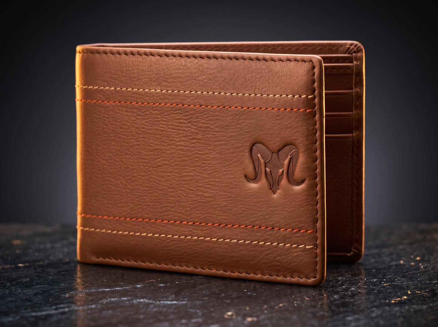 Aries Premium Tan Genuine Leather Bi-Fold Wallet with Contrast Stitching