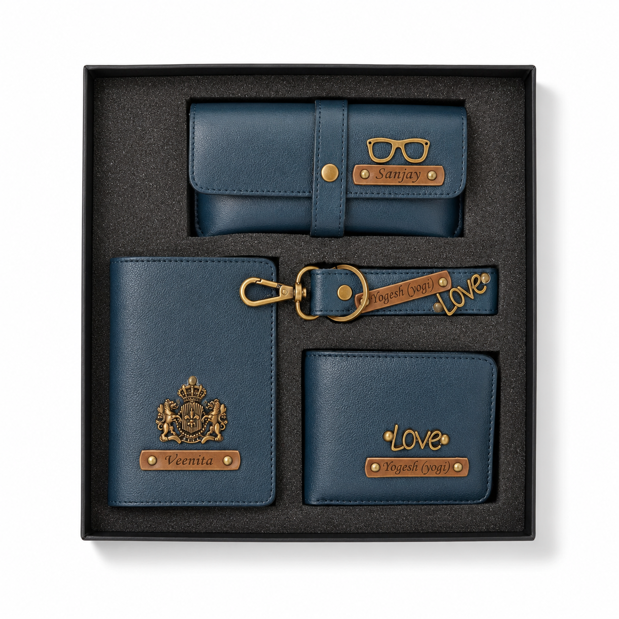 ARIES Personalized Leather Essentials Set(Blue)- Personalized Men's wallet , Keychain , EyeWear Case , Passport Cover With Name & Charms