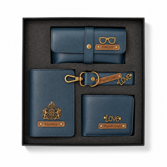 ARIES Personalized Leather Essentials Set(Blue)- Personalized Men's wallet , Keychain , EyeWear Case , Passport Cover With Name & Charms