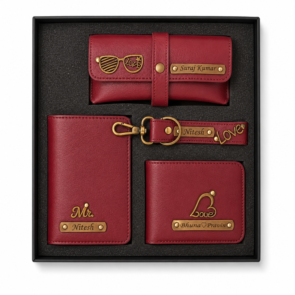 ARIES Personalized Leather Essentials Set(Maroon)- Personalized Men's wallet , Keychain , EyeWear Case , Passport Cover With Name & Charms