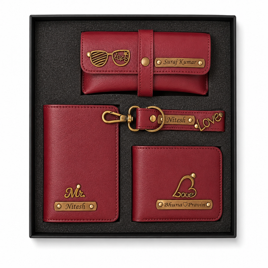 ARIES Personalized Leather Essentials Set(Maroon)- Personalized Men's wallet , Keychain , EyeWear Case , Passport Cover With Name & Charms