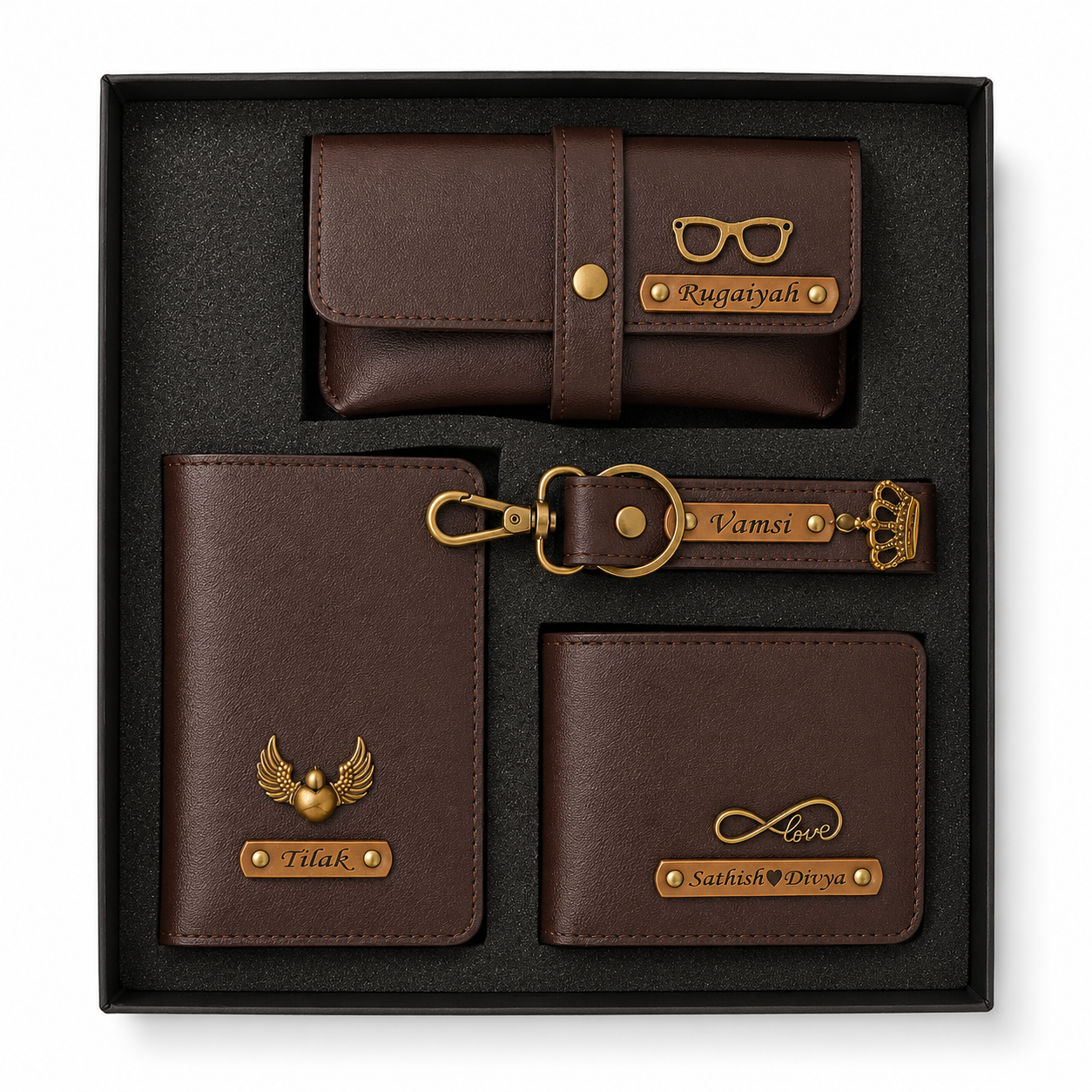 ARIES Personalized Leather Essentials Set(Brown)- Personalized Men's wallet , Keychain , EyeWear Case , Passport Cover With Name & Charms