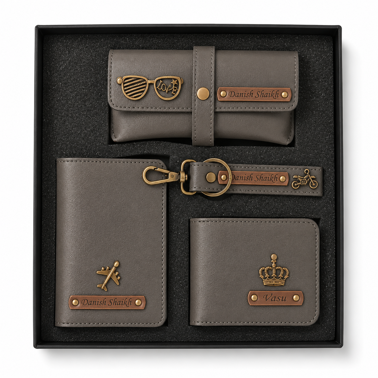 ARIES Personalized Leather Essentials Set(Grey)- Personalized Men's wallet , Keychain , EyeWear Case , Passport Cover With Name & Charms