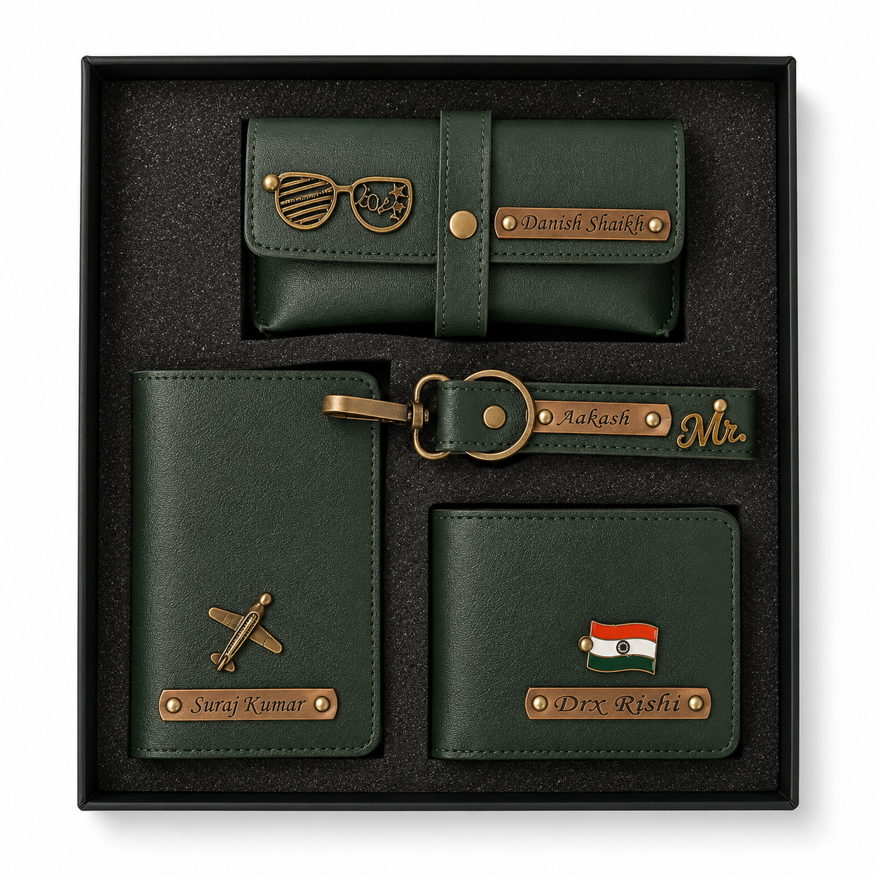 ARIES Personalized Leather Essentials Set(Green)- Personalized Men's wallet , Keychain , EyeWear Case , Passport Cover With Name & Charms
