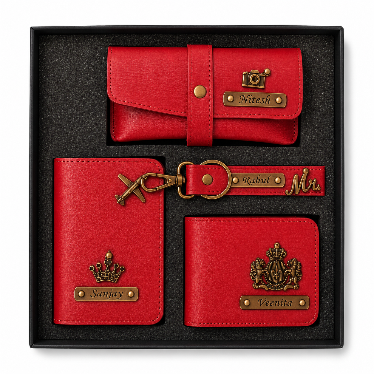 ARIES Personalized Leather Essentials Set(Red)- Personalized Men's wallet , Keychain , EyeWear Case , Passport Cover With Name & Charms