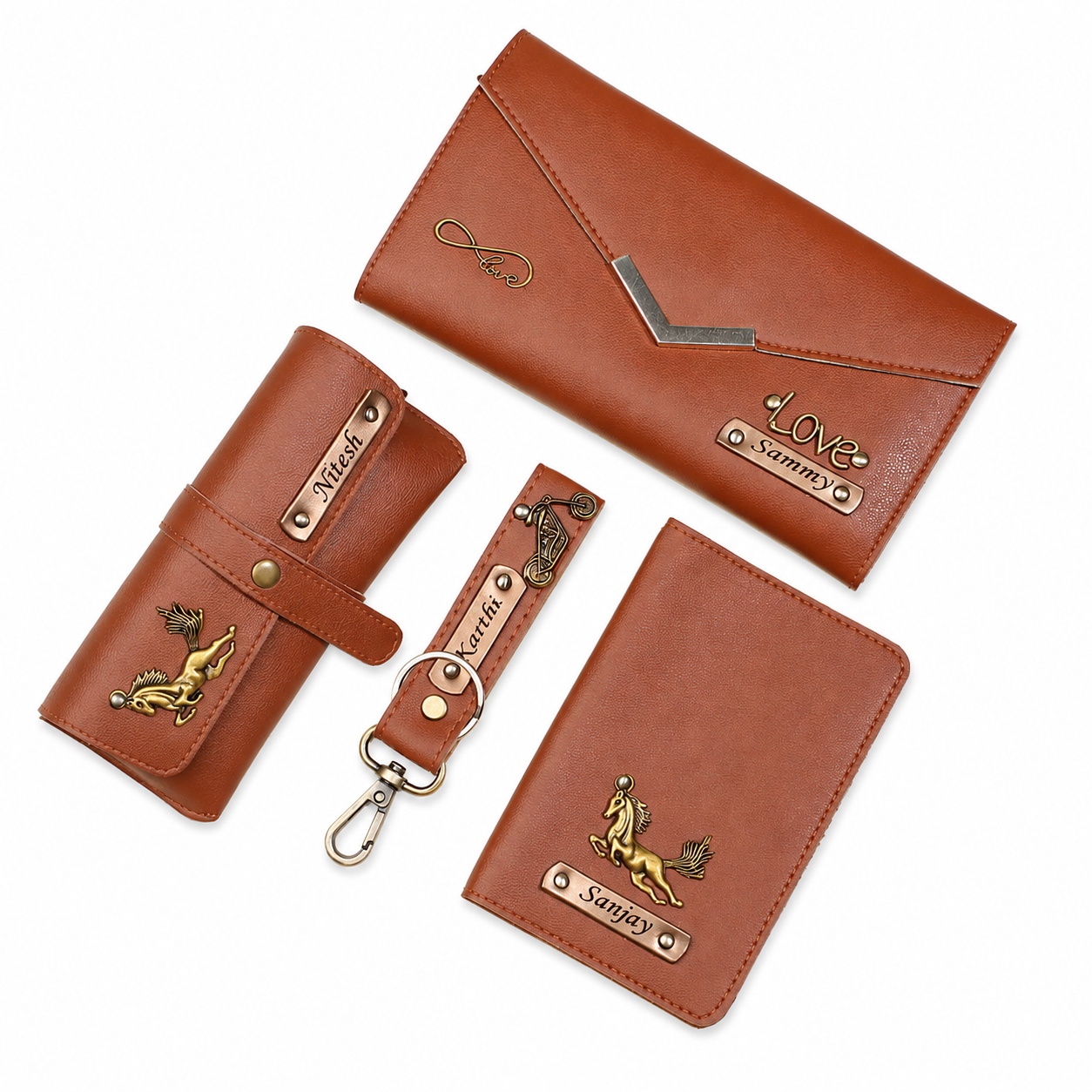 ARIES Personalized Women's Travel & Style Set(Tan)-Personalised Women's Clutch , Eyewear Case , Passport Cover , Keychain