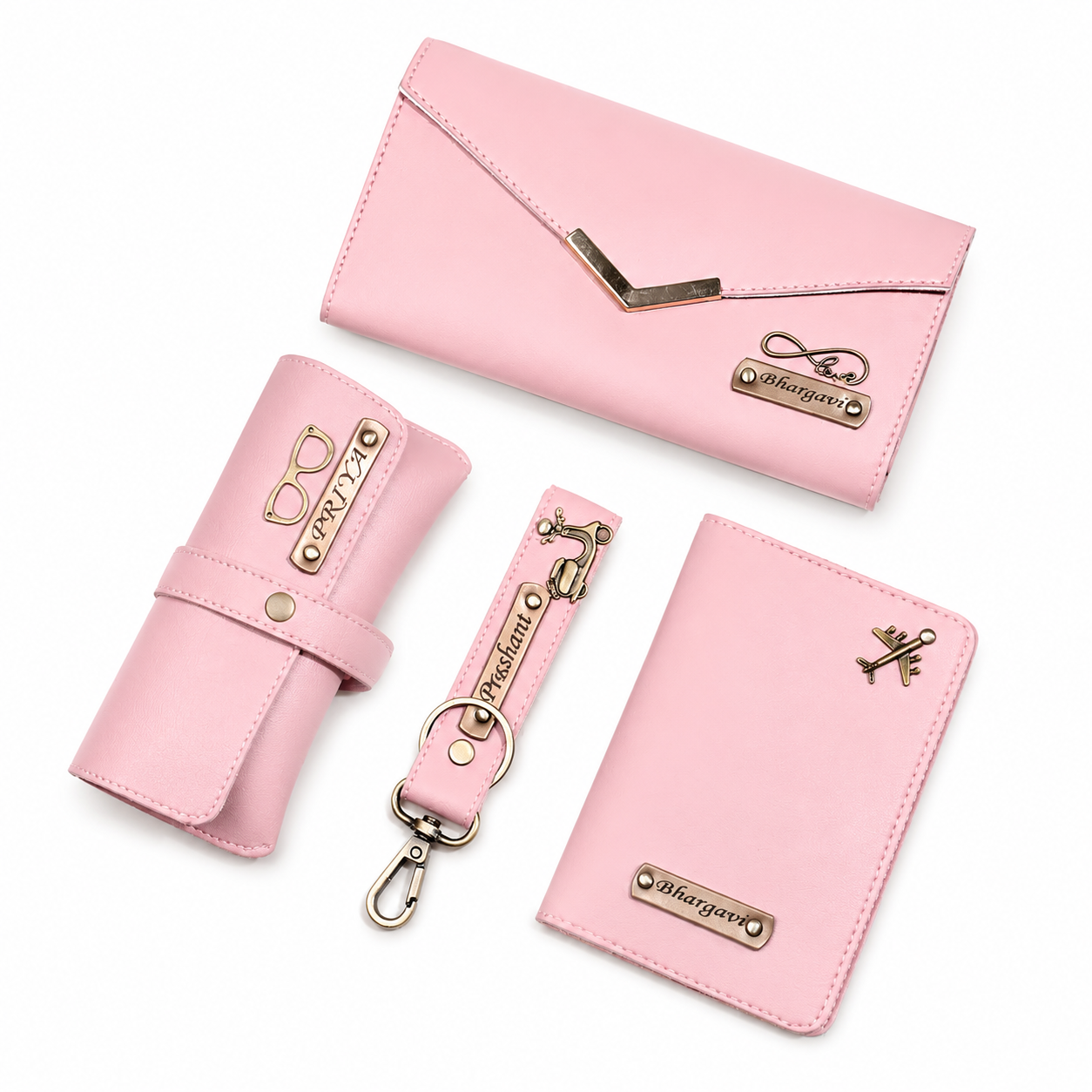 ARIES Personalized Women's Travel & Style Set(Pink)-Personalised Women's Clutch , Eyewear Case , Passport Cover , Keychain