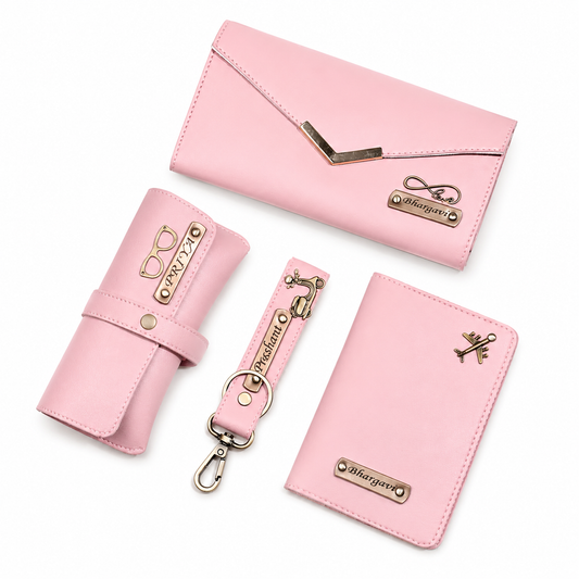 ARIES Personalized Women's Travel & Style Set(Pink)-Personalised Women's Clutch , Eyewear Case , Passport Cover , Keychain