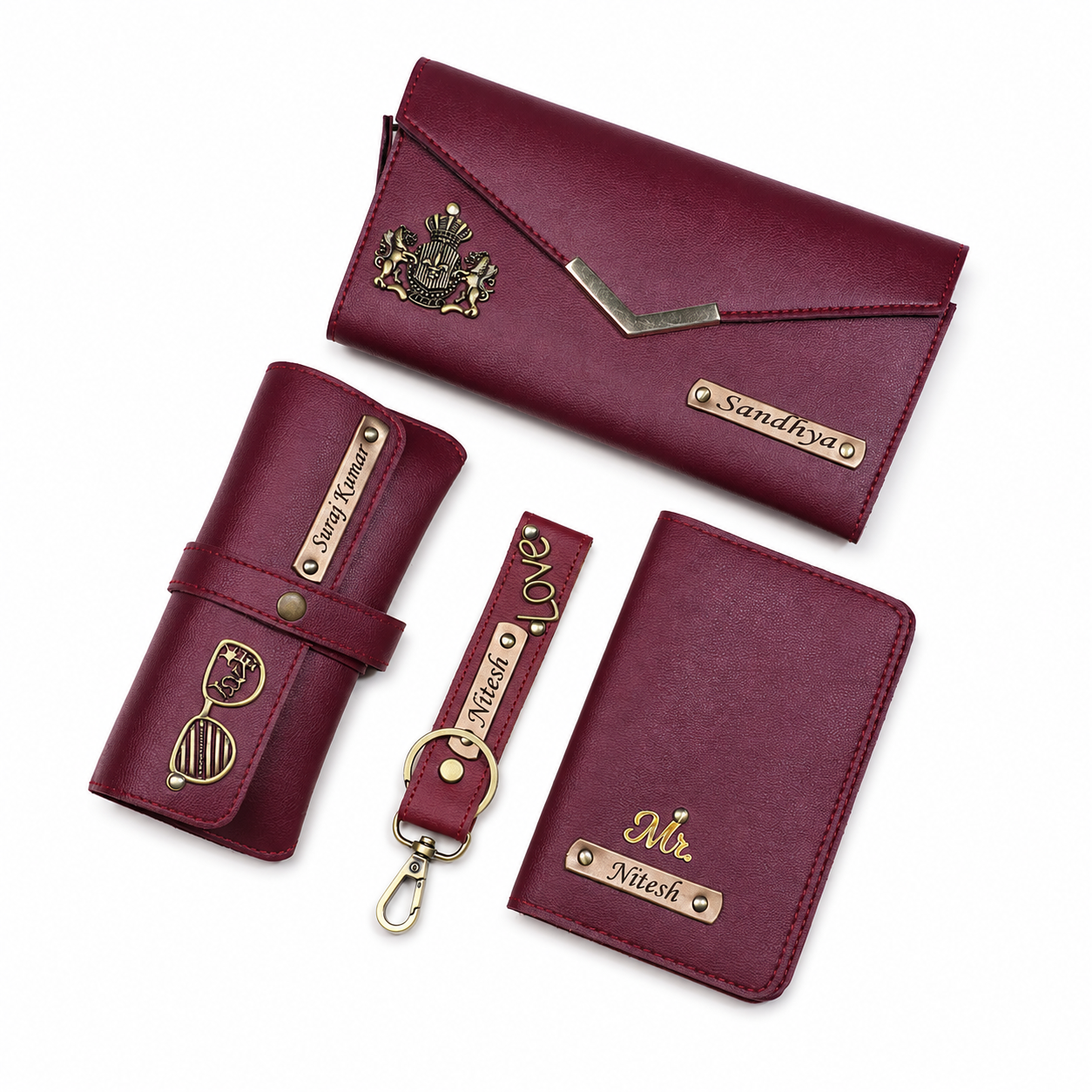 ARIES Personalized Women's Travel & Style Set(Maroon)-Personalised Women's Clutch , Eyewear Case , Passport Cover , Keychain