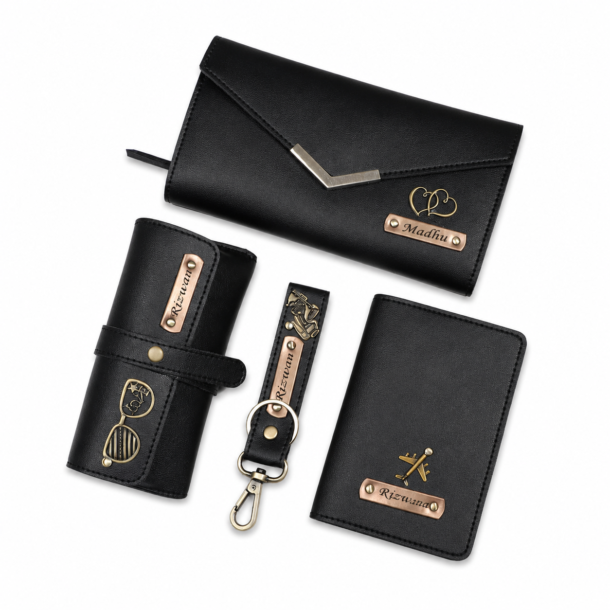 ARIES Personalized Women's Travel & Style Set(Black)-Personalised Women's Clutch , Eyewear Case , Passport Cover , Keychain