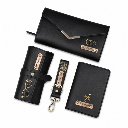 ARIES Personalized Women's Travel & Style Set(Black)-Personalised Women's Clutch , Eyewear Case , Passport Cover , Keychain