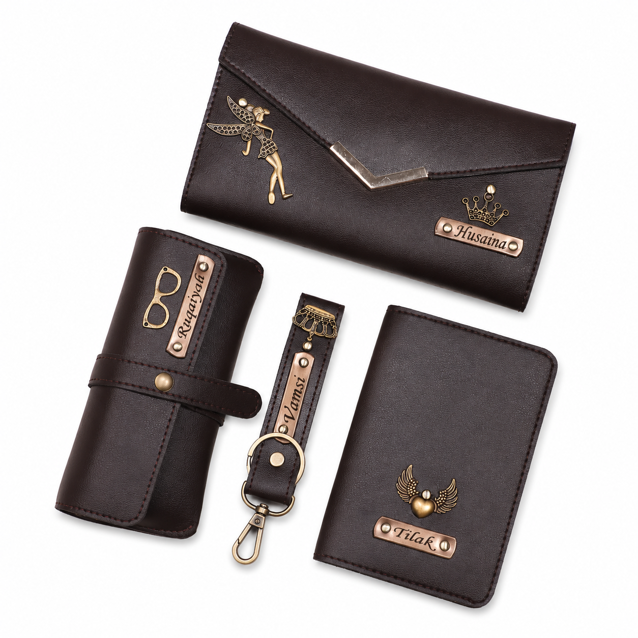 ARIES Personalized Women's Travel & Style Set(Brown)-Personalised Women's Clutch , Eyewear Case , Passport Cover , Keychain