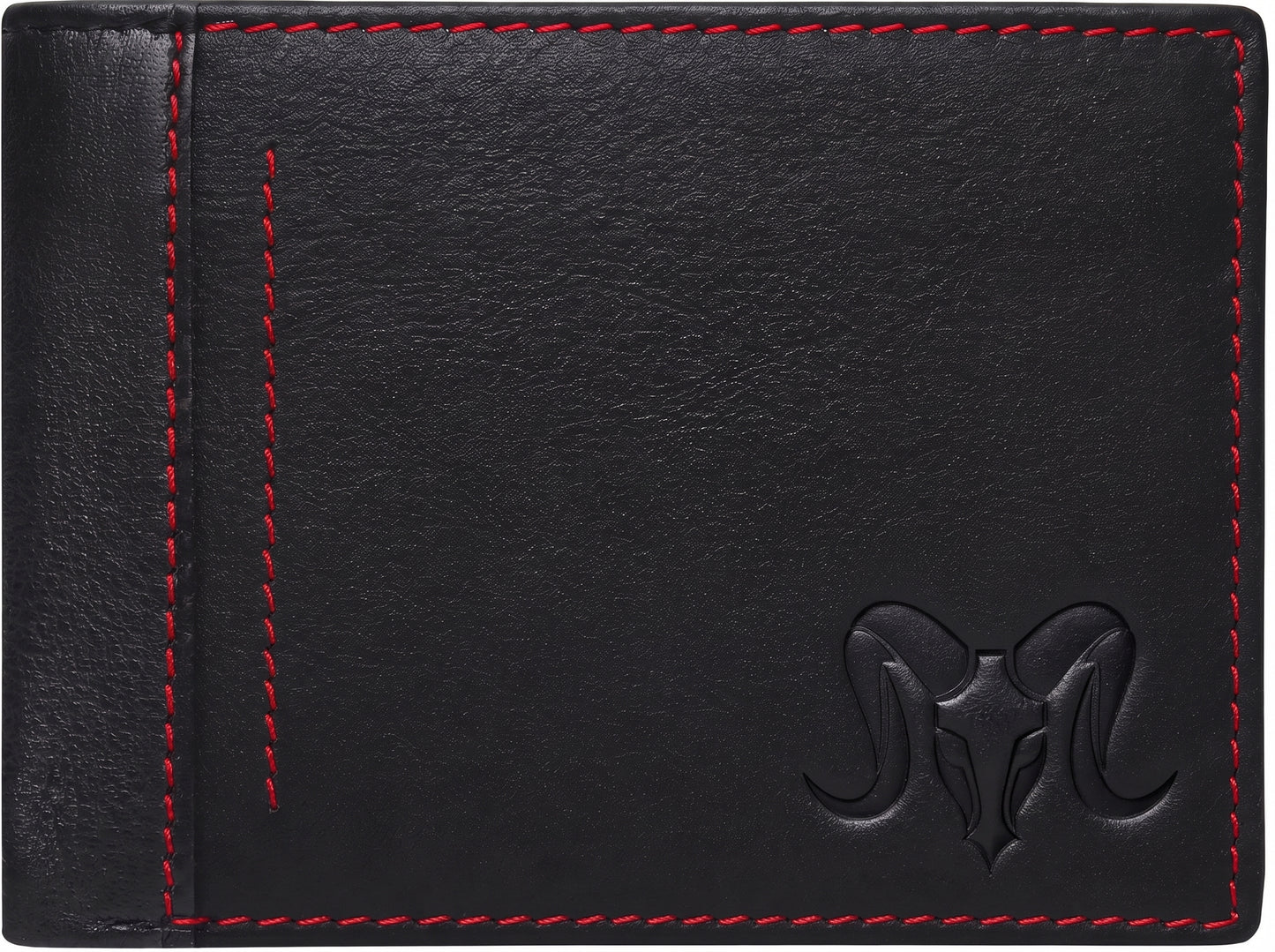 Aries Premium Black Genuine Leather Bi-Fold Wallet with Red Contrast Stitching