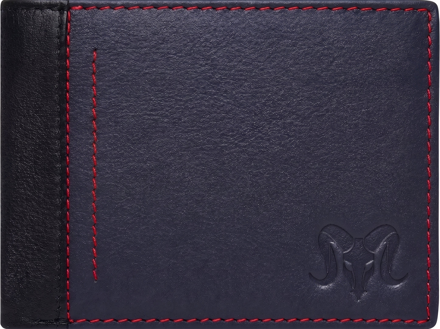 Aries Premium Black Genuine Leather Bi-Fold Wallet with Red Contrast Stitching