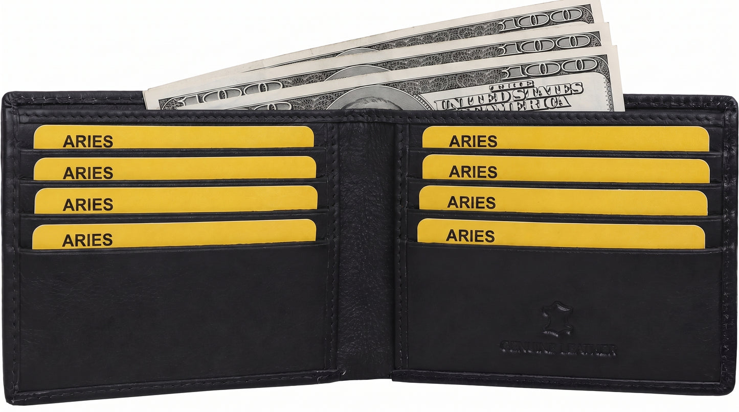 Aries Premium Black Genuine Leather Bi-Fold Wallet with Red Contrast Stitching