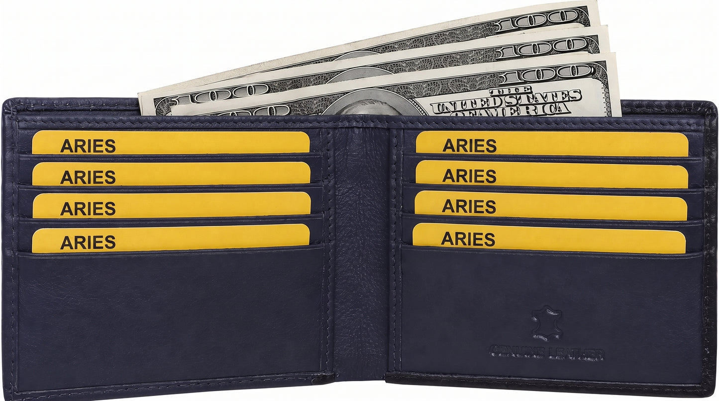 Aries Premium Black Genuine Leather Bi-Fold Wallet with Red Contrast Stitching