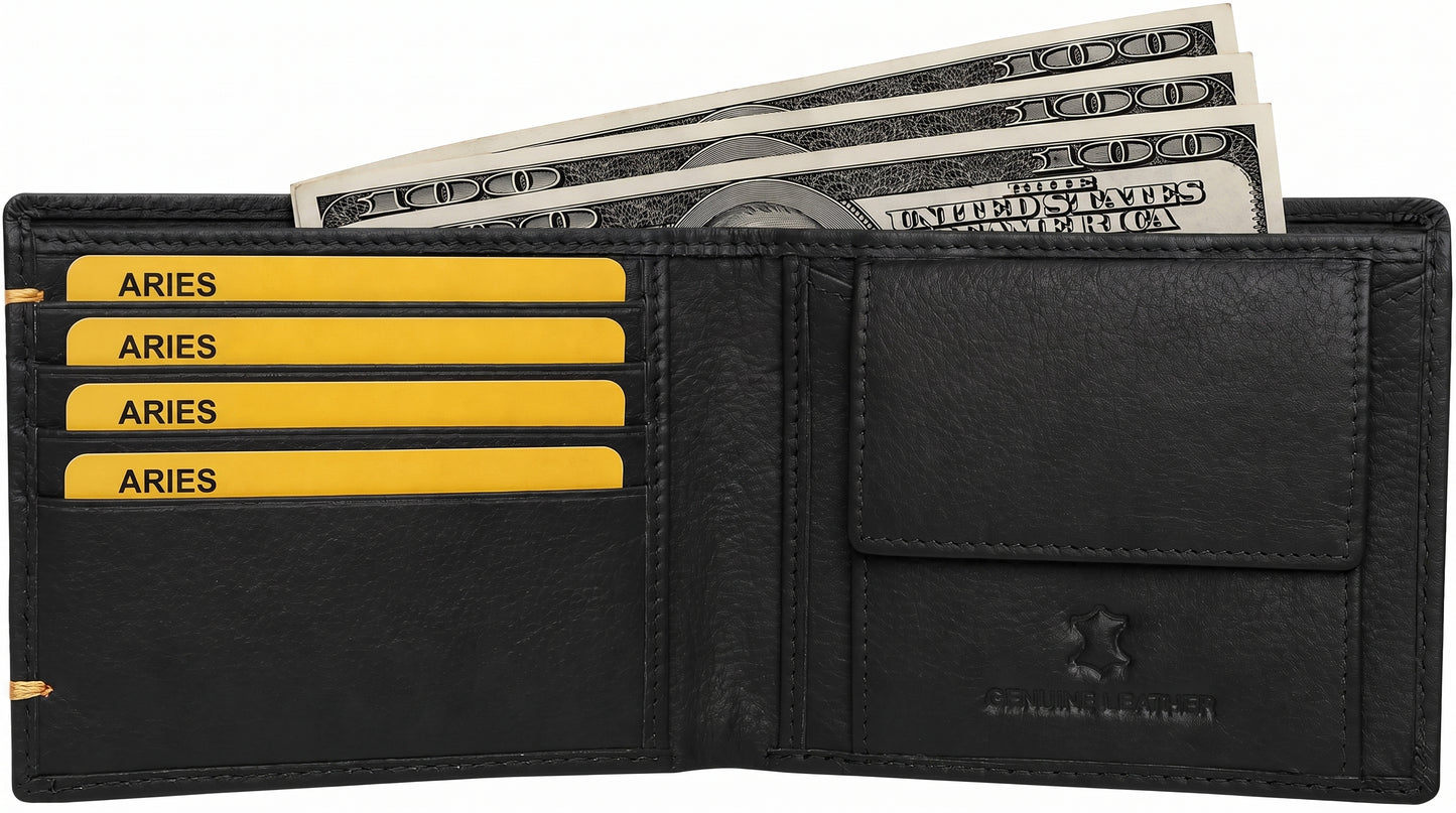 Aries Premium Black Genuine Leather Money Clip Wallet