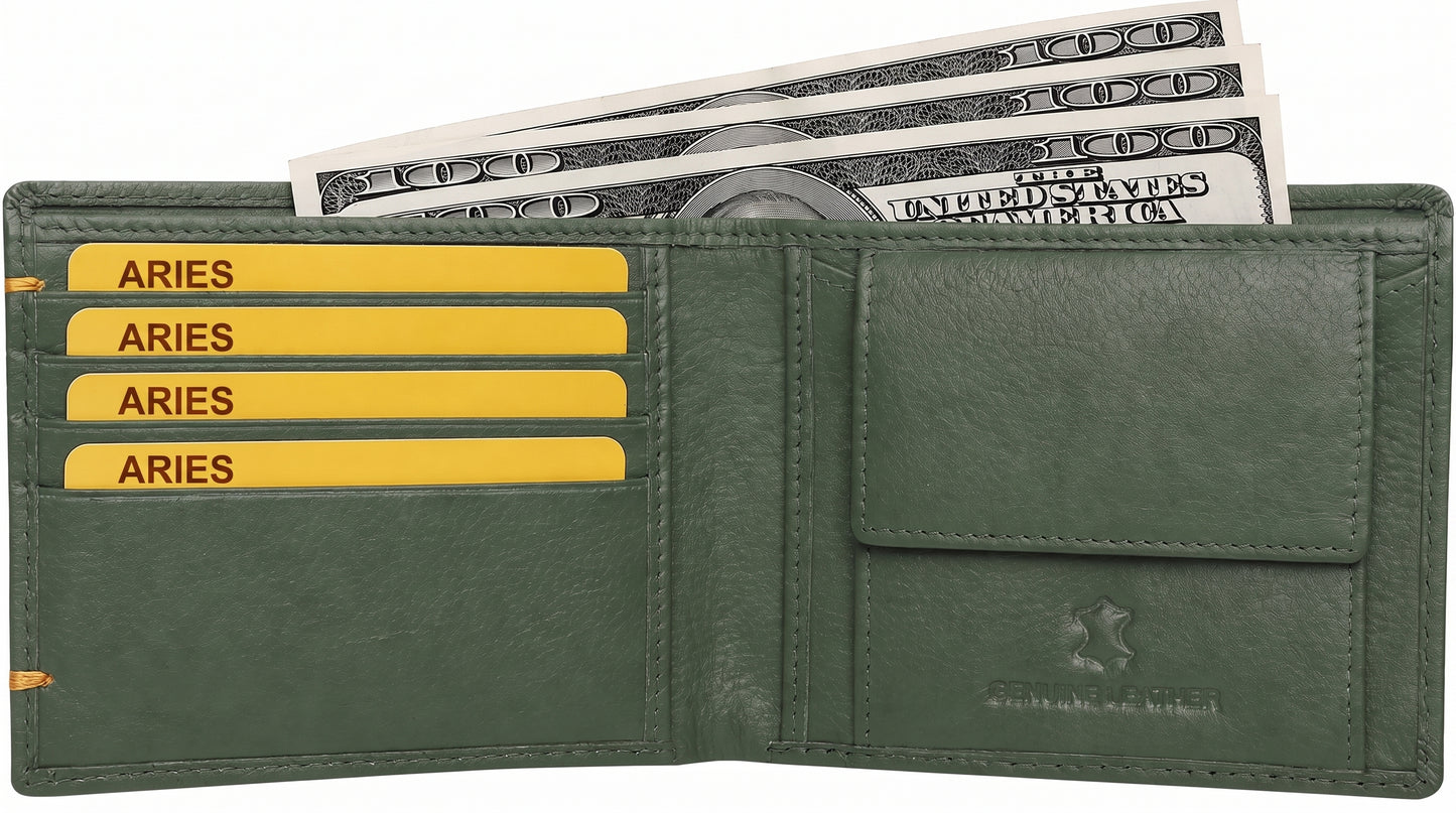 Aries Premium Olive Green Genuine Leather Money Clip Wallet