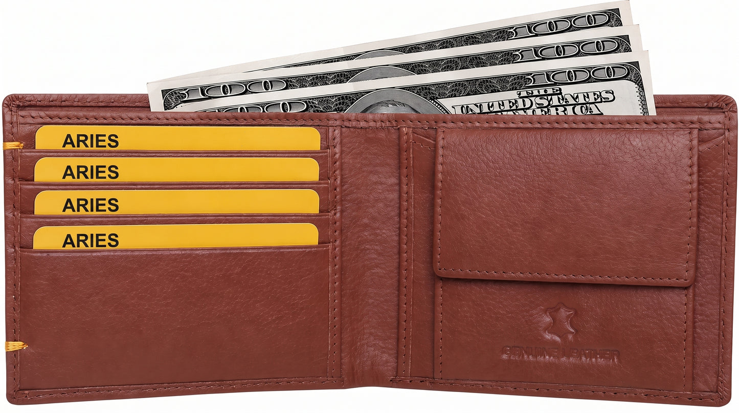 Aries Premium Tan Genuine Leather Bi-Fold Wallet