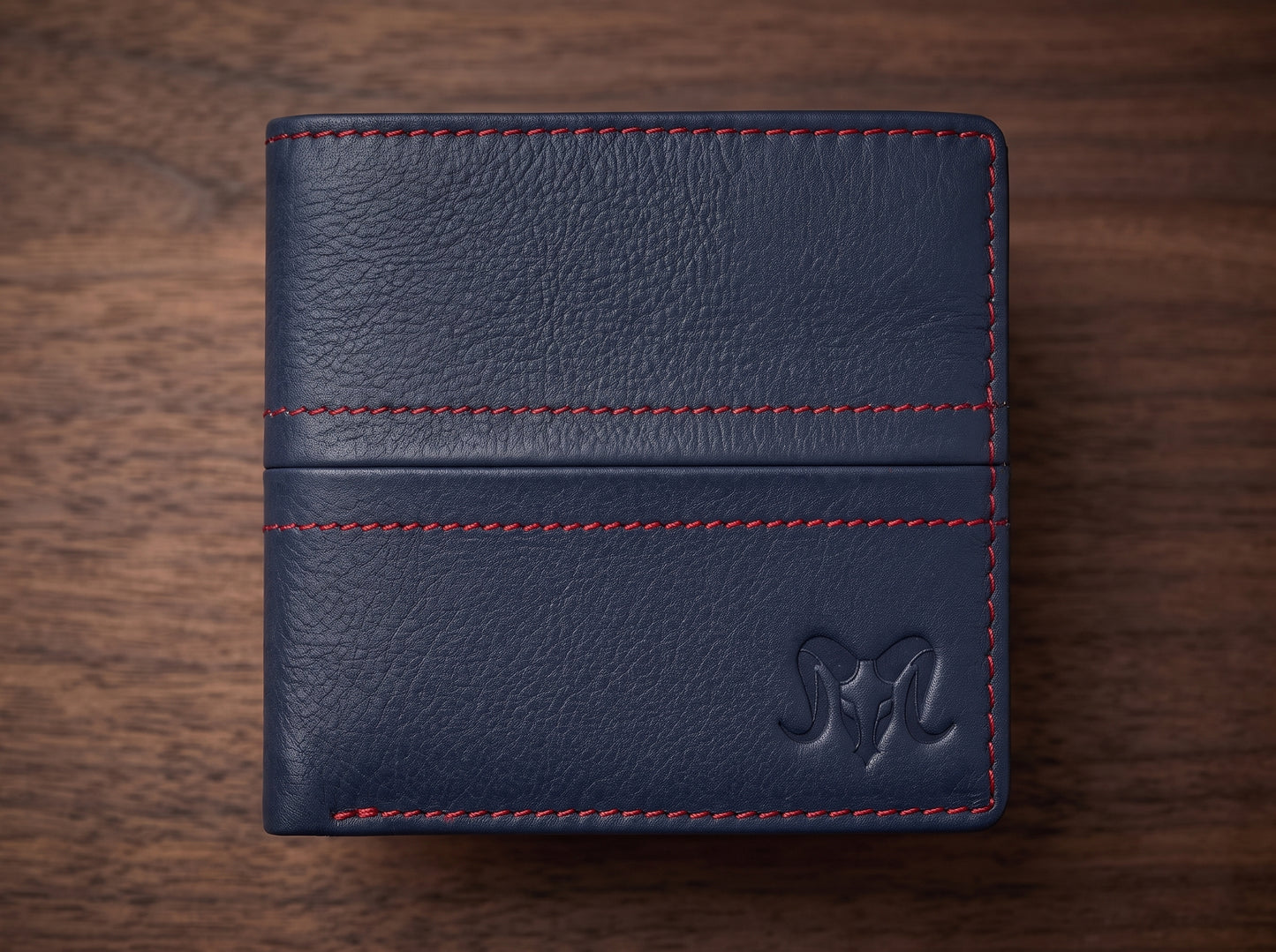 Aries Premium Navy Blue Genuine Leather Bi-Fold Wallet with Red Contrast Stitching