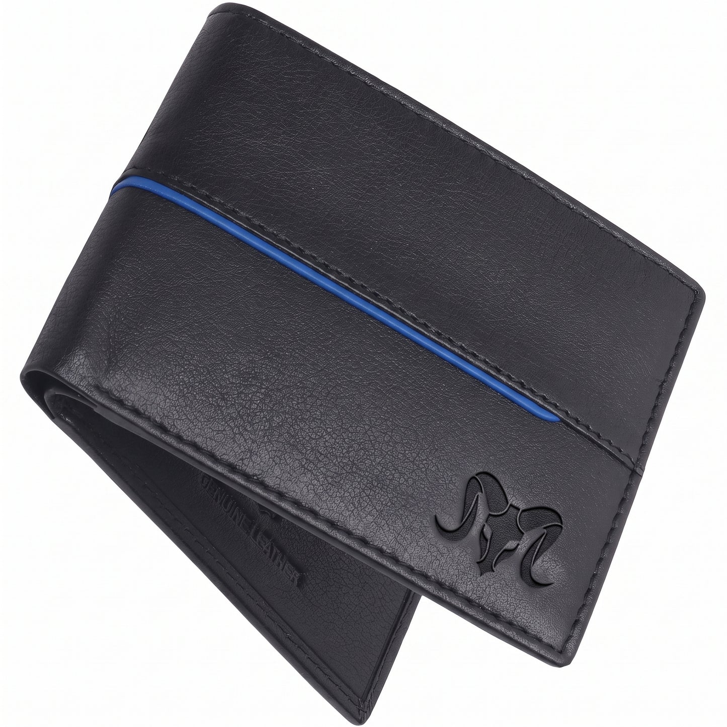 Aries Premium Black Genuine Leather Bi-Fold Wallet with Blue Accent
