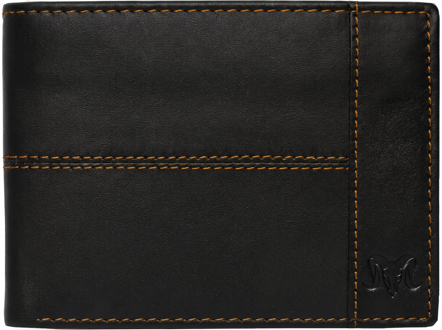 Aries Premium Black Genuine Leather Bi-Fold Wallet with Contrast Stitching