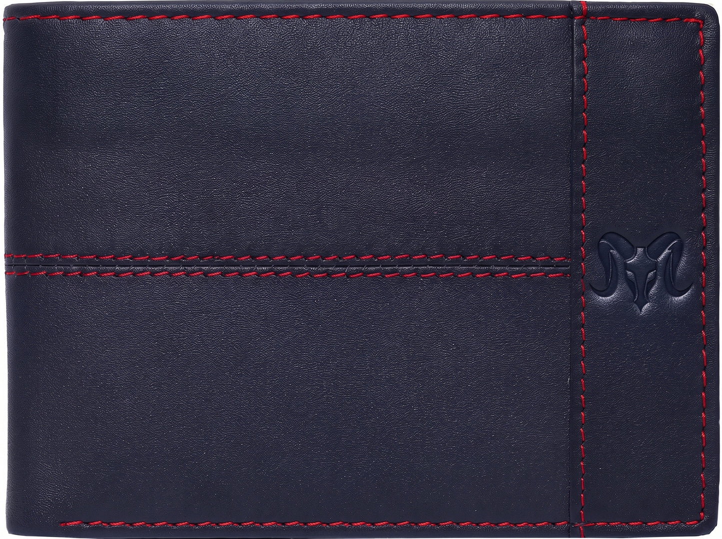 Aries Premium Navy Blue Genuine Leather Bi-Fold Wallet with Red Contrast Stitching