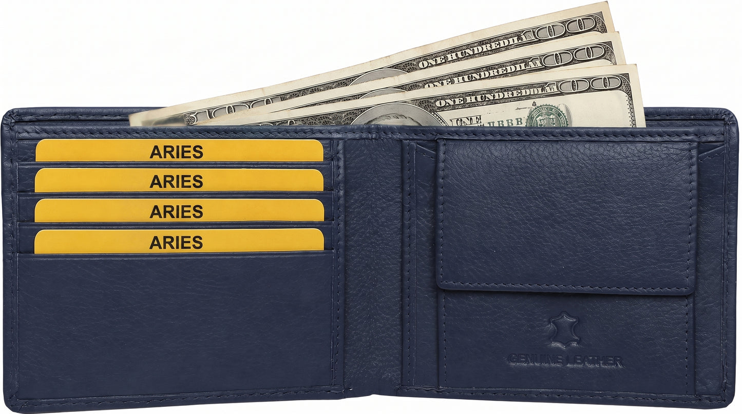 Aries Premium Navy Blue Genuine Leather Bi-Fold Wallet with Red Contrast Stitching