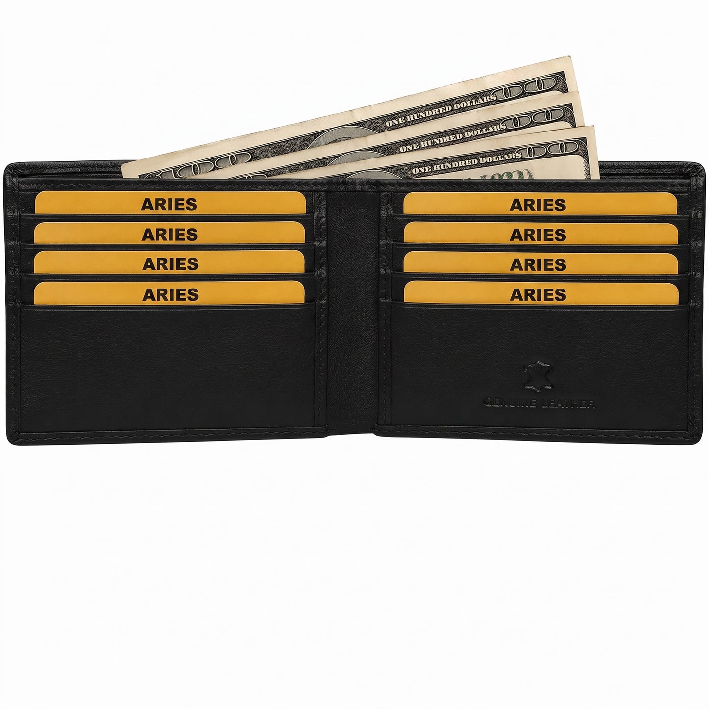 Aries Premium Black Genuine Leather Bi-Fold Wallet with Contrast Stitching