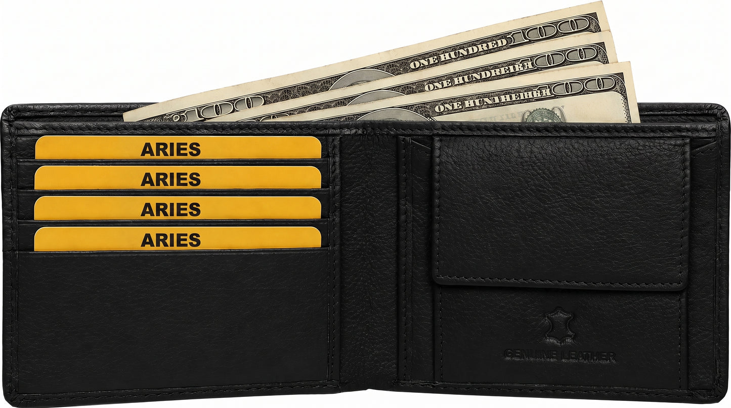 Aries Premium Black Genuine Leather Long Bi-Fold Wallet