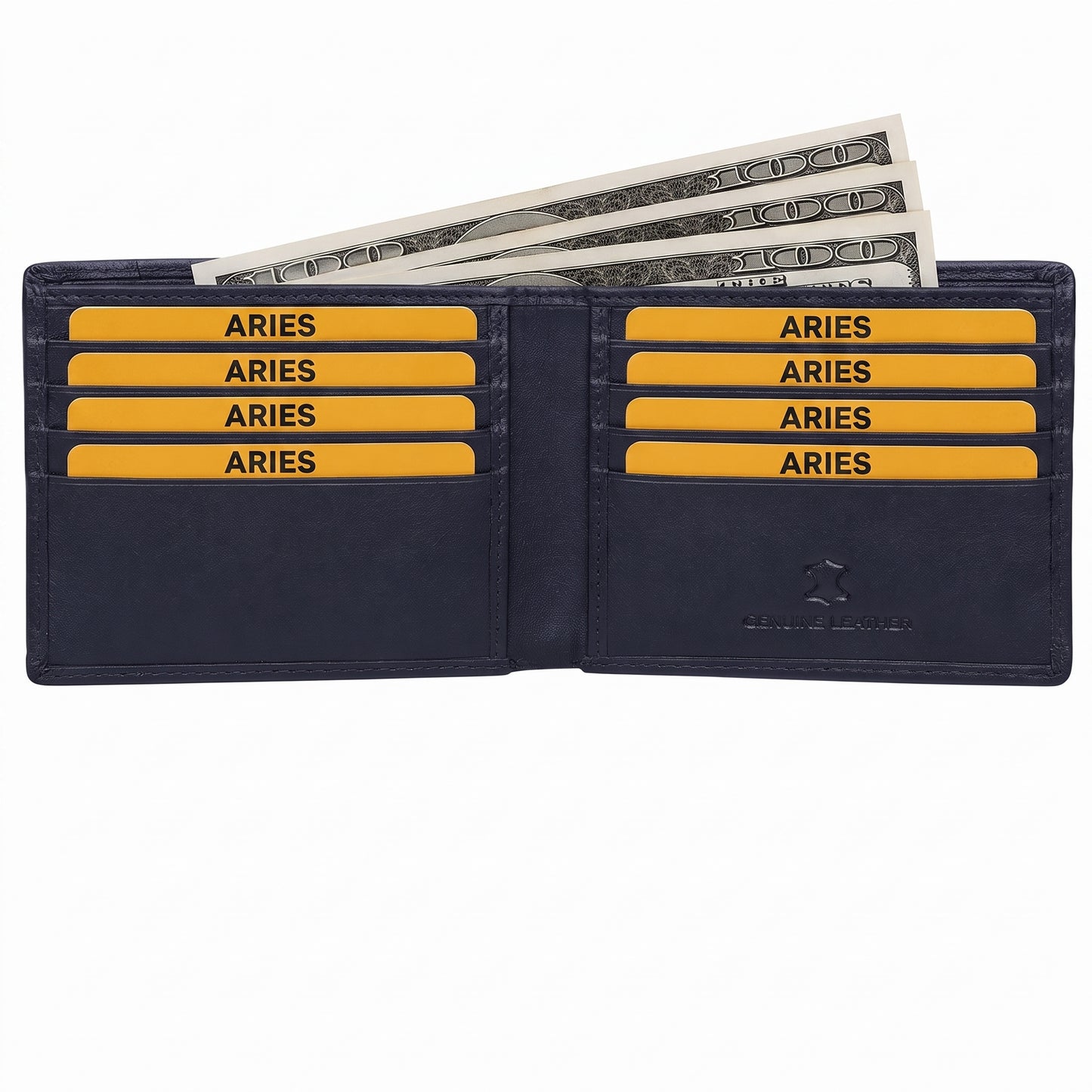 Aries Premium Navy Blue Genuine Leather Bi-Fold Wallet with Red Contrast Stitching