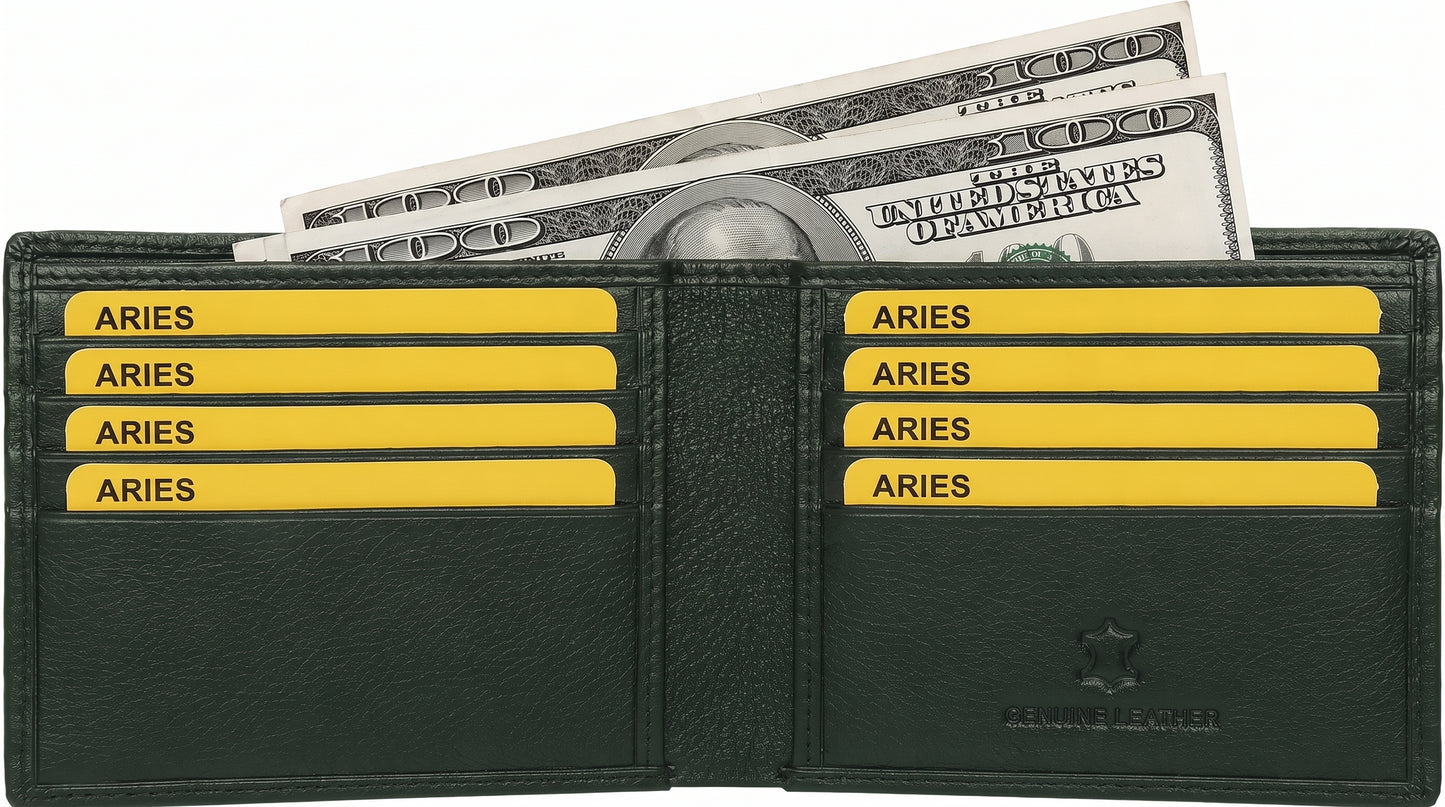 Aries Premium Olive Green Genuine Leather Bi-Fold Wallet