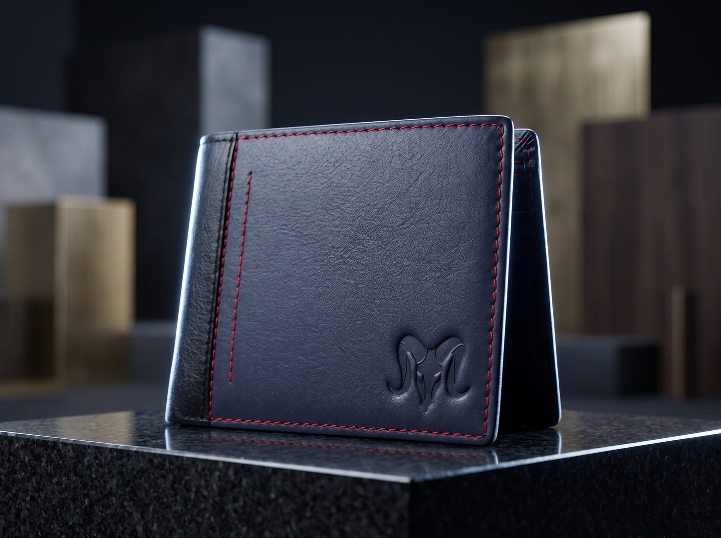 Aries Premium Black Genuine Leather Bi-Fold Wallet with Red Contrast Stitching