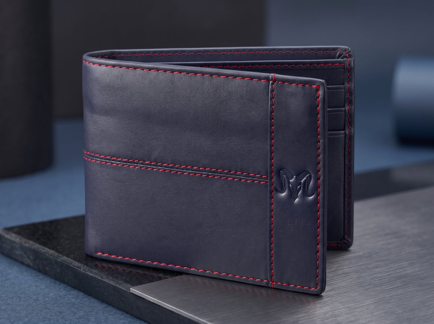 Aries Premium Navy Blue Genuine Leather Bi-Fold Wallet with Red Contrast Stitching