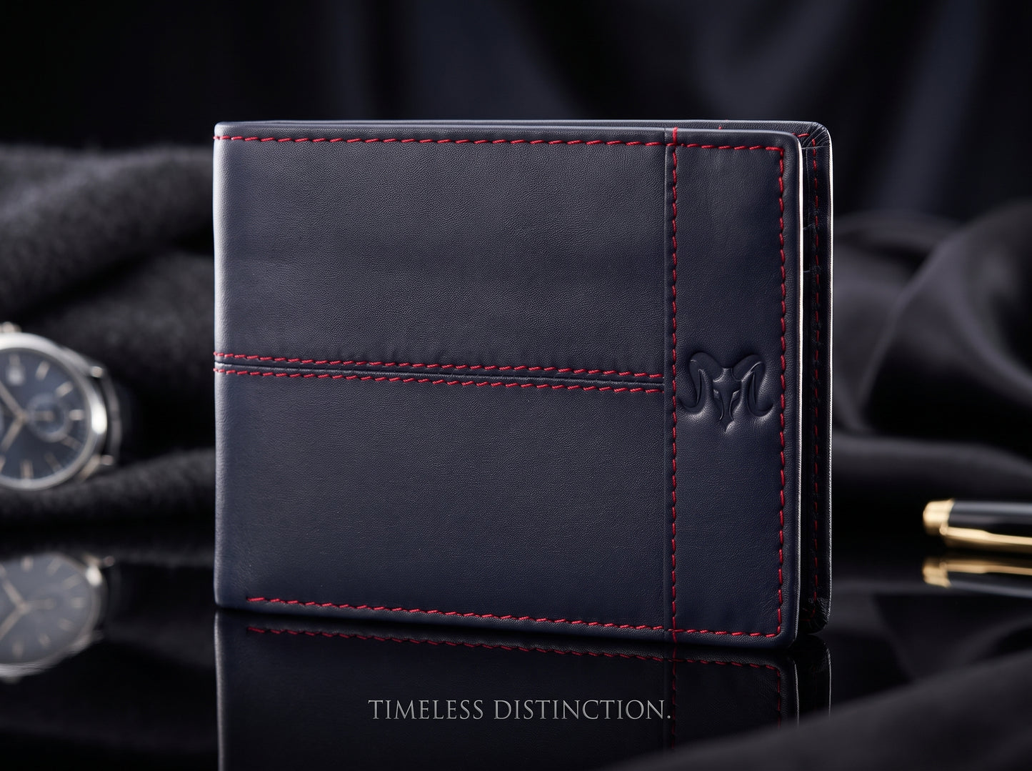 Aries Premium Navy Blue Genuine Leather Bi-Fold Wallet with Red Contrast Stitching
