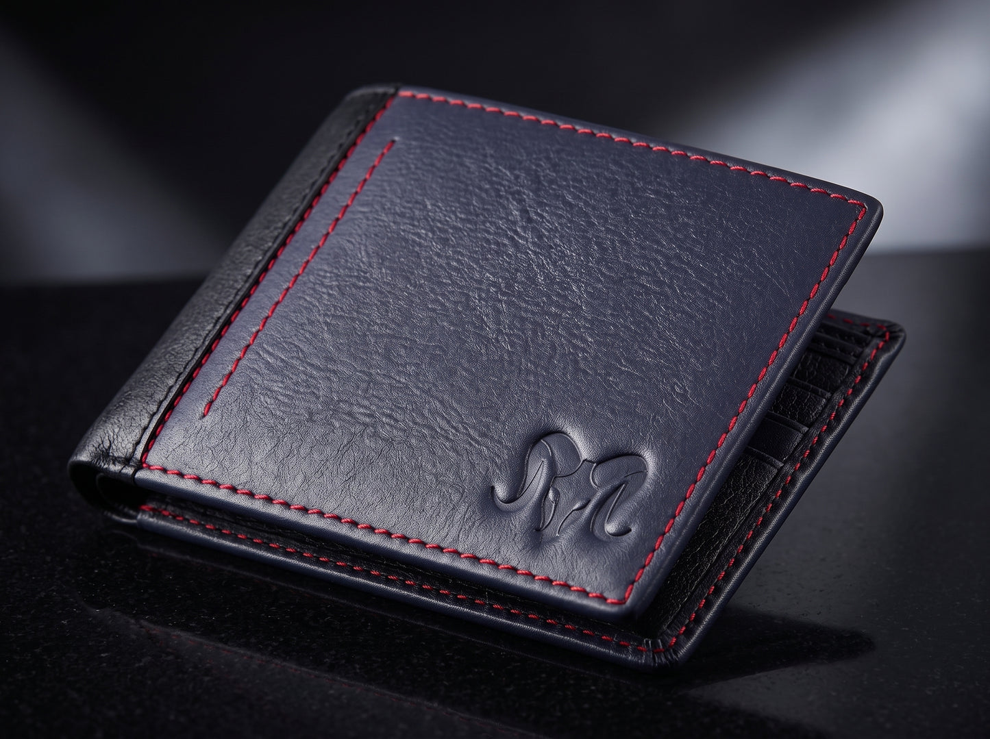 Aries Premium Black Genuine Leather Bi-Fold Wallet with Red Contrast Stitching