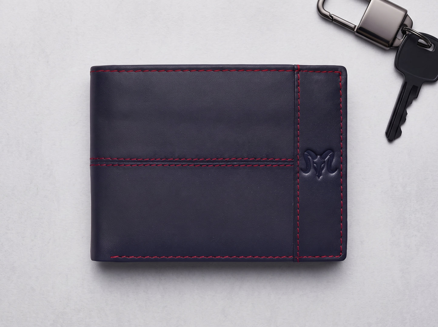 Aries Premium Navy Blue Genuine Leather Bi-Fold Wallet with Red Contrast Stitching