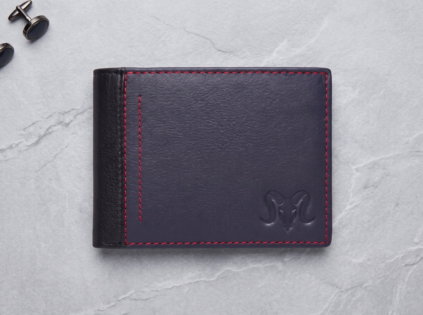 Aries Premium Black Genuine Leather Bi-Fold Wallet with Red Contrast Stitching