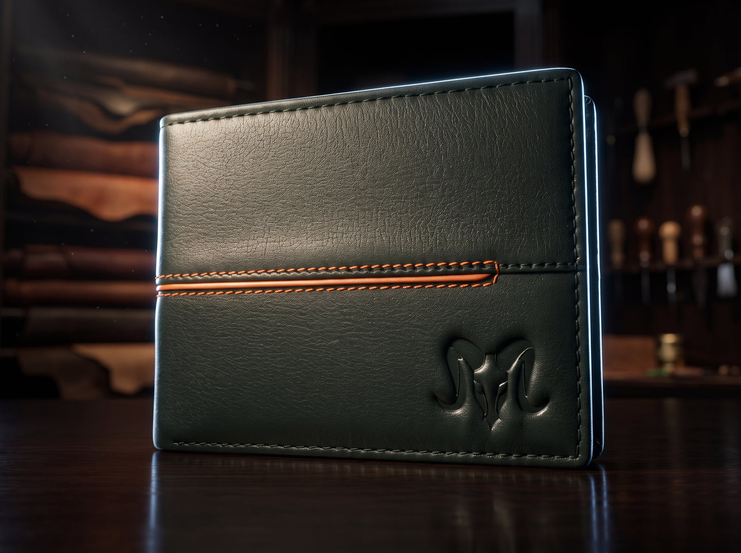Aries Premium Olive Green Genuine Leather Bi-Fold Wallet with Orange Accent